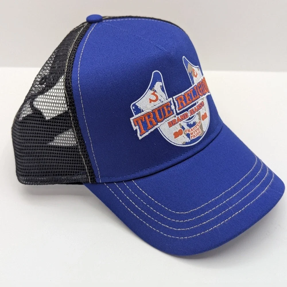 True Religion Mens Surf The Web Blue Embroidered Trucker Hat Snapback TR4245 NEW